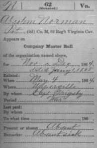 Card from Absalom Nauman's service record. It's not uncommon to see the family name listed incorrectly as "Norman".